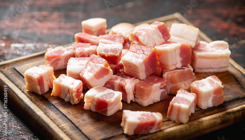 closeup of cubes of bacon on a rustic wooden board. Raw.