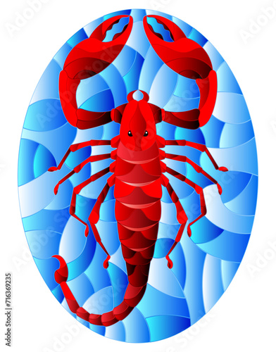 Illustration in stained glass style with abstract red  Scorpion on blue background,oval picture
