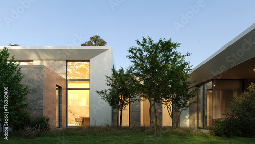Modern one-story house with panoramic windows. House with a flat roof and a unique facade. Yard inside the house