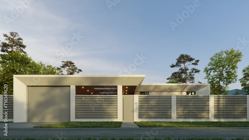 Modern one-story house with panoramic windows. House with a flat roof and a unique facade. Yard inside the house