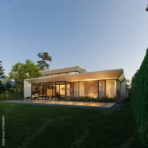 Modern one-story house with panoramic windows. House with a flat roof and a unique facade. Yard inside the house