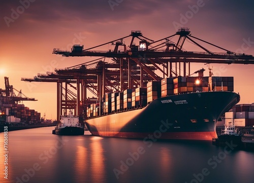 long exposure photo in a commercial harbor, ships and containers, sunset 