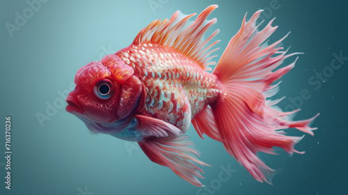A red ornamental goldfish with elaborate fins and a bulbous eye, set against a soft teal backdrop.