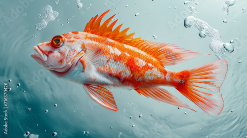 A vivid red rockfish swimming in clear blue waters. © Jan