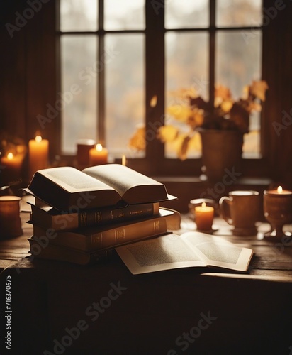 old hardcover books on a wooden table by the window, dim light, warm tones; autumn cozy home 