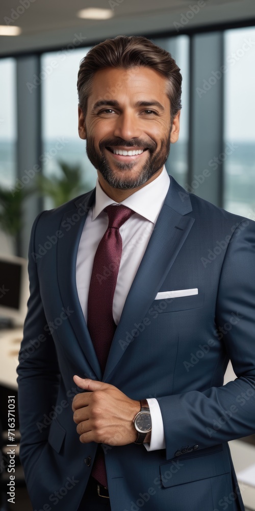 A professional in a business suit, exuding confidence in an office setting, with a warm smile directed at the camera