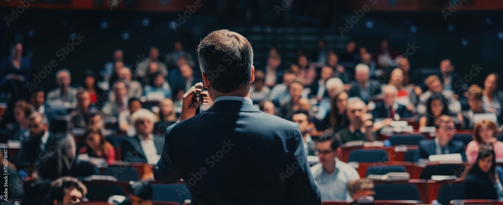 Speaker at Business Conference and Presentation. A speaker presents at a conference to an attentive audience, exemplifying leadership and knowledge exchange. AI generated - obrazy, fototapety, plakaty 