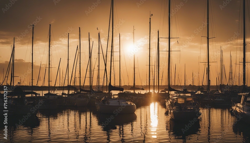 silhouette of sailing boats at the marina, golden hour
