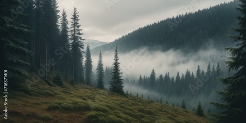 retro-style painting of a misty landscape dominated by a fir forest