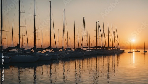 silhouette of sailing boats at the marina, golden hour  © abu