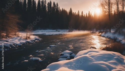 the river flowing through the snowy and wooded forest at sunset, golden hour   © abu