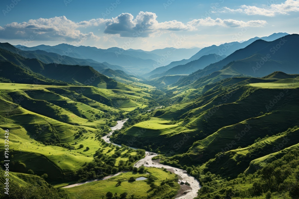 Naklejka premium Dramatic cloud-filled sky above a lush green valley, Generative AI