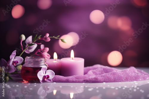 light purple Spa background, wellness, skincare, massage foot therapy, therapist massage background, aromatherapy massage, thai, Asian, facial, pedicure, medicure, relax spa, towels, Spa stones photo