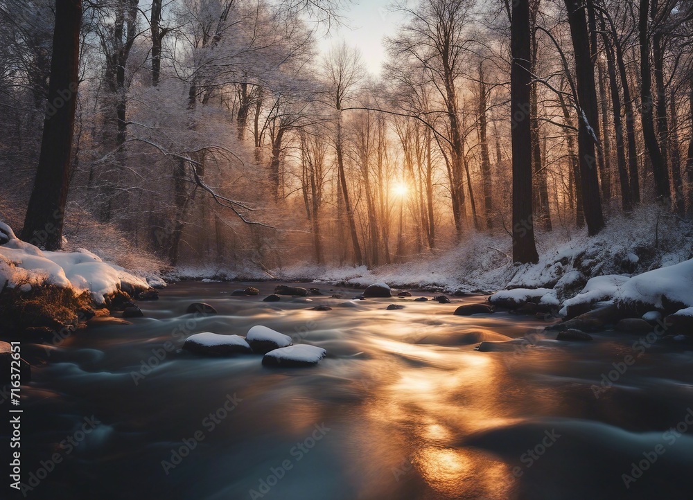 the river flowing through the snowy and wooded forest at sunset, golden hour 

