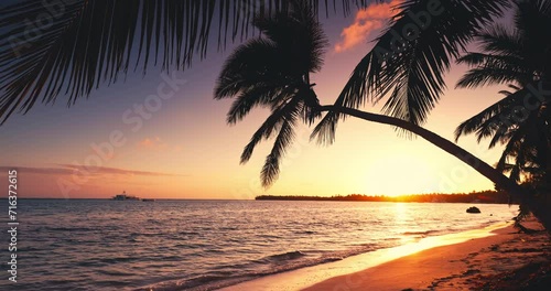 Exotic beach with palm trees of tropical caribbean island at sunset photo