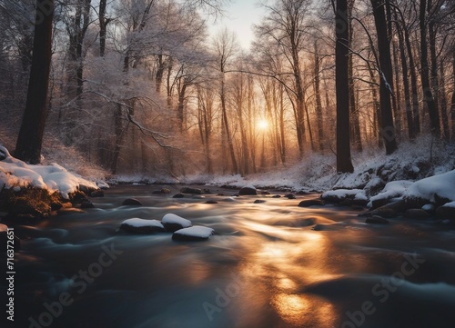 the river flowing through the snowy and wooded forest at sunset, golden hour 