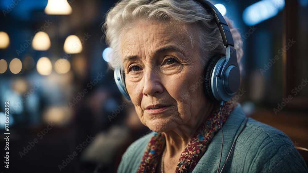 Modern Aging, a old women listing to music via a headphone Modern Aging, a old women listing to music via a headphone