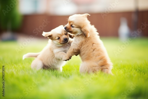 puppies playfighting on green grass photo