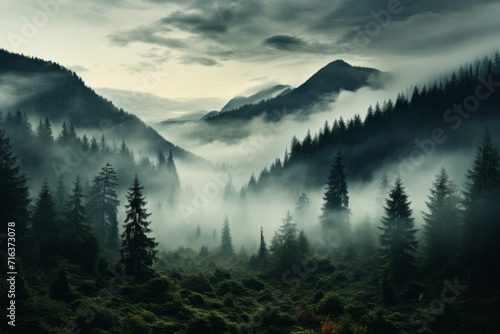 Dreamy forest engulfed in fog and low-hanging clouds, Generative AI © Shooting Star Std
