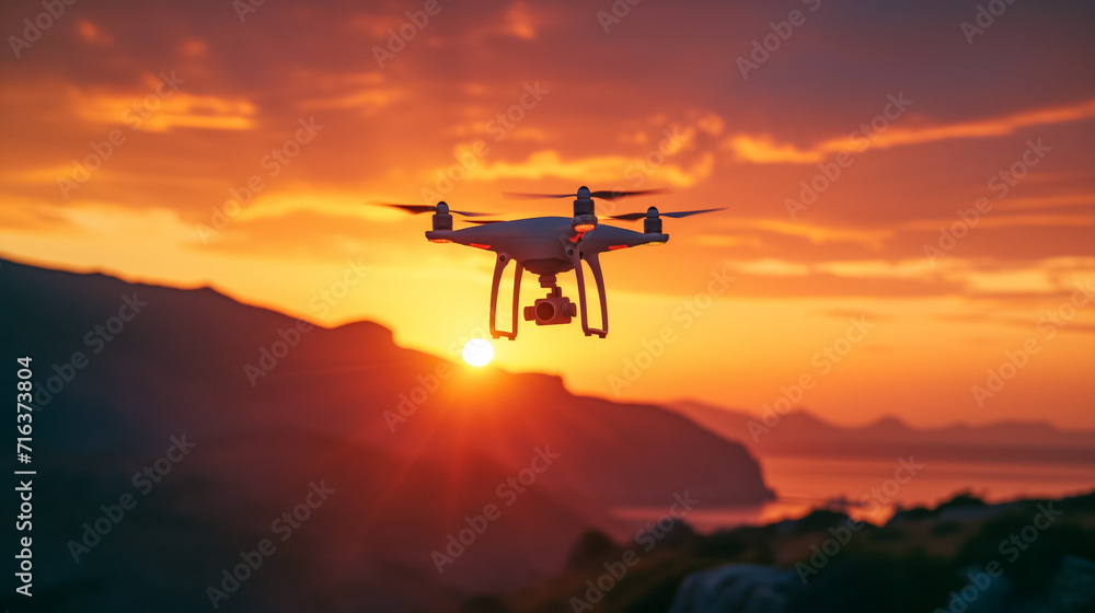 Quadcopter drone flying at sunset with camera over scenic mountains, capturing aerial photography, technology and adventure concept