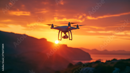 Quadcopter drone flying at sunset with camera over scenic mountains, capturing aerial photography, technology and adventure concept