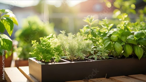 Closeup of a mini indoor herb garden kit, encouraging sustainable food choices and reducing food waste. photo