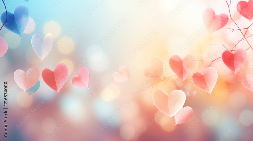 Multi-colored hearts in pastel shades on a blurred light natural background of the sky and tree leaves, Spring wallpaper