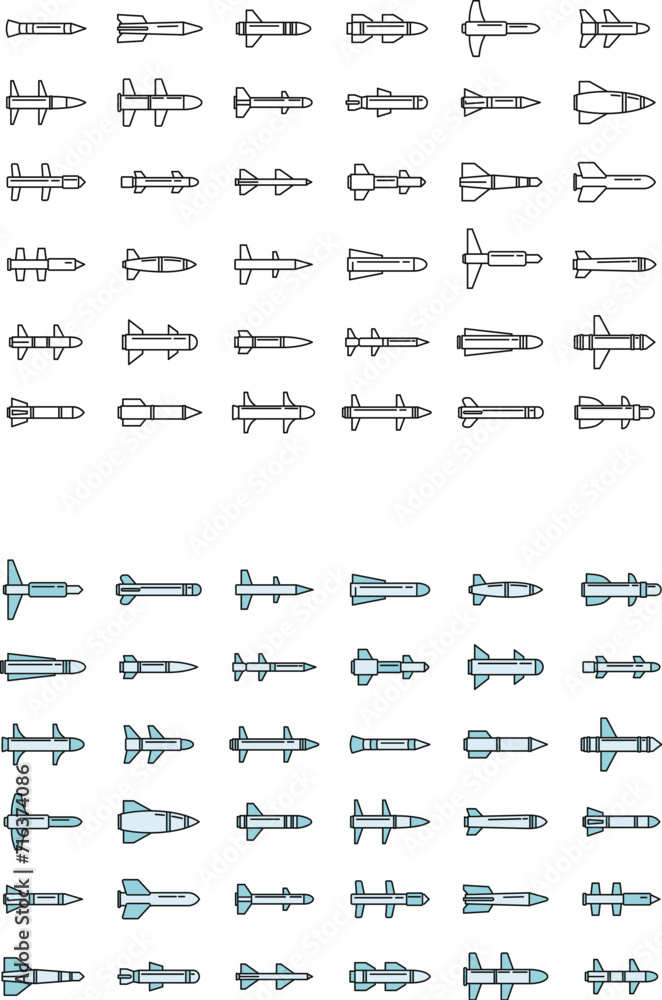 Air missile attack icons set. Outline set of air missile attack vector icons thin line color flat on white Air missile attack icons set. Outline set of air missile attack vector icons thin line color flat on white
