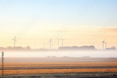 foggy morning with wind turbines silhouettes visible