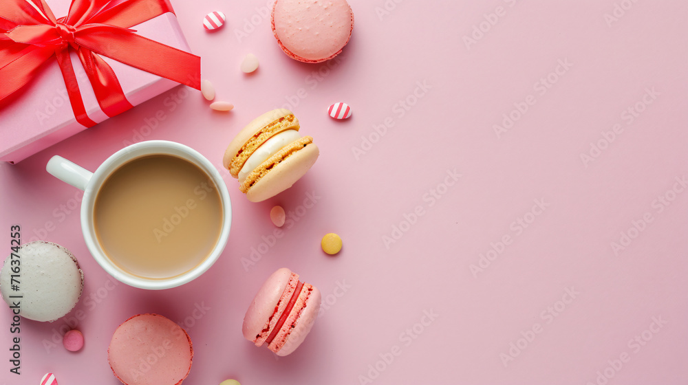 Cup of coffee gift box and colorful macaron