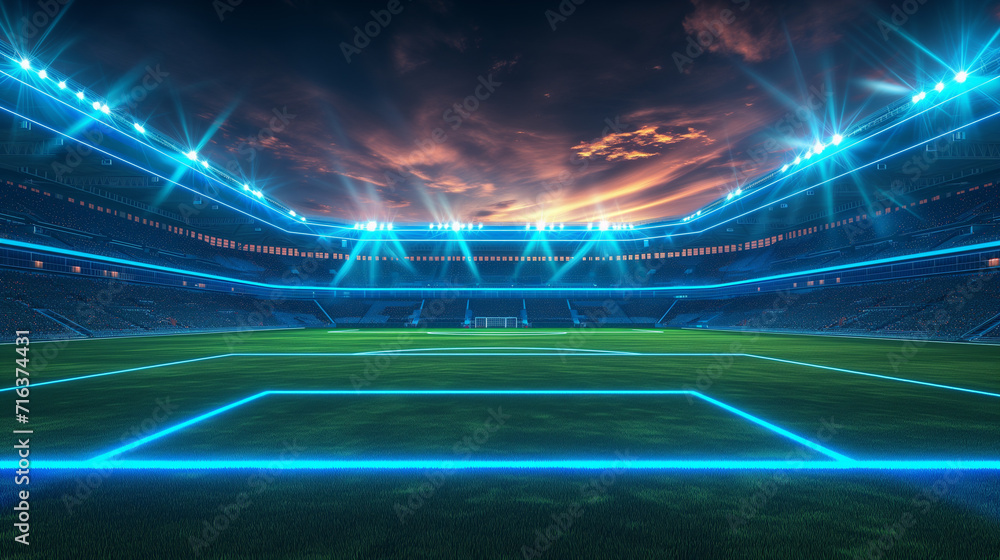 Night time Soccer Stadium Illuminated with Bright Lights, Green Field, and Soccer Ball - obrazy, fototapety, plakaty 