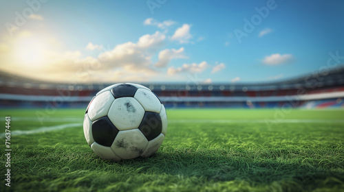 Soccer ball rests on a vibrant green field under the blue sky  embodying the essence of sports  fun  and team play in a lively game atmosphere