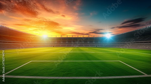 soccer field at football stadium with sky sunset
