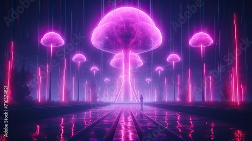 Illustration of a mystical glowing violet mushroom in the forest. Generative AI