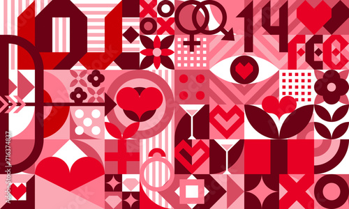 Valentine modern geometric pattern with abstract love hearts and geometric shapes. Vector background of romantic holiday geometry mosaic. Pink circles, squares, red hearts and gifts bauhaus backdrop