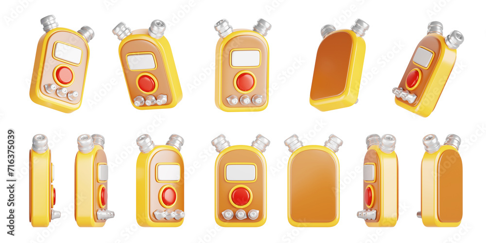 3d dictaphone, device voice recorder rotation render. Cartoon isolated yellow gold sound equipment for media or journalist interview. Animation with sequence rotating element icon set. 3D illustration