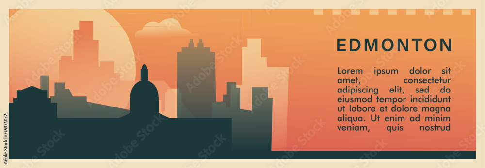Edmonton city brutalism vector banner with skyline, cityscape. Canada, Alberta province retro horizontal illustration, travel layout for web presentation, header, footer