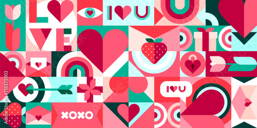 Valentine modern geometric pattern. Saint Valentine holiday, february celebration or couple romance greeting card design vector print with heart, strawberry, love letter shapes