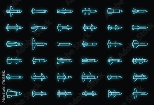 Air missile attack icons set. Outline set of air missile attack vector icons neon color on black