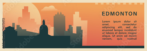 Edmonton city brutalism vector banner with skyline, cityscape. Canada, Alberta province retro horizontal illustration, travel layout for web presentation, header, footer