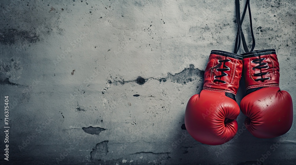 Red boxing gloves hang on a nail against a grungy, weathered wall, Geneearive AI