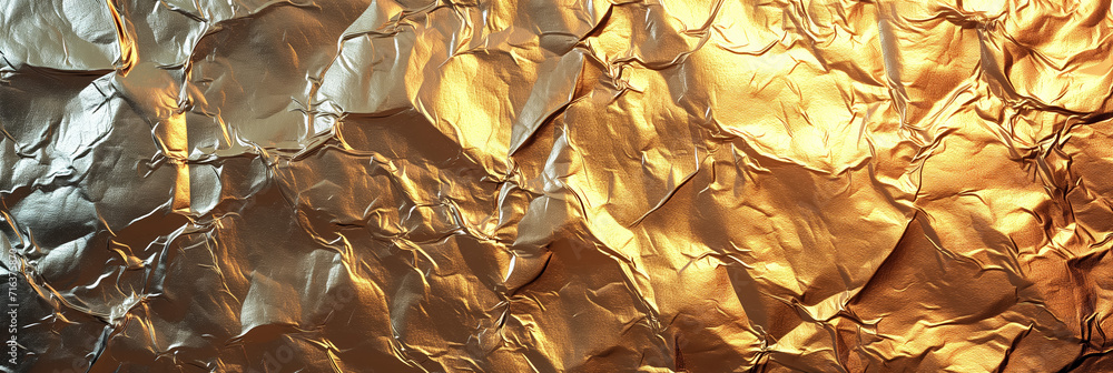 Close-up of a crinkled gold foil texture with metallic reflections, suitable for backgrounds or graphic design elements Close-up of a crinkled gold foil texture with metallic reflections, suitable for backgrounds or graphic design elements