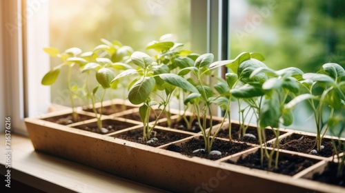 Green indoors. Color of life. Seedlings are planted in boxes in a greenhouse. Seedlings on the windowsill against the background of the window. Sprouts in a wooden box.