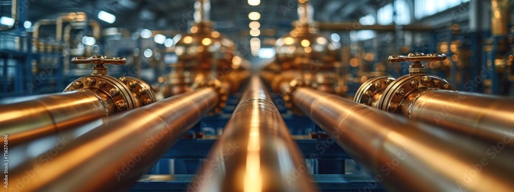 Gleaming Metal Pipes Running Along the Corridor of an Industrial Facility
