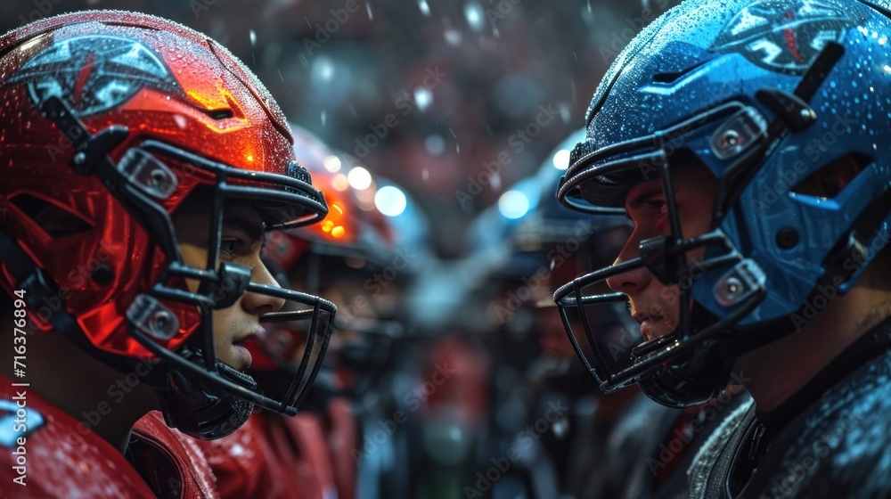 Fototapeta premium Two teams of men in football helmets stand face to face. Rivalry concept