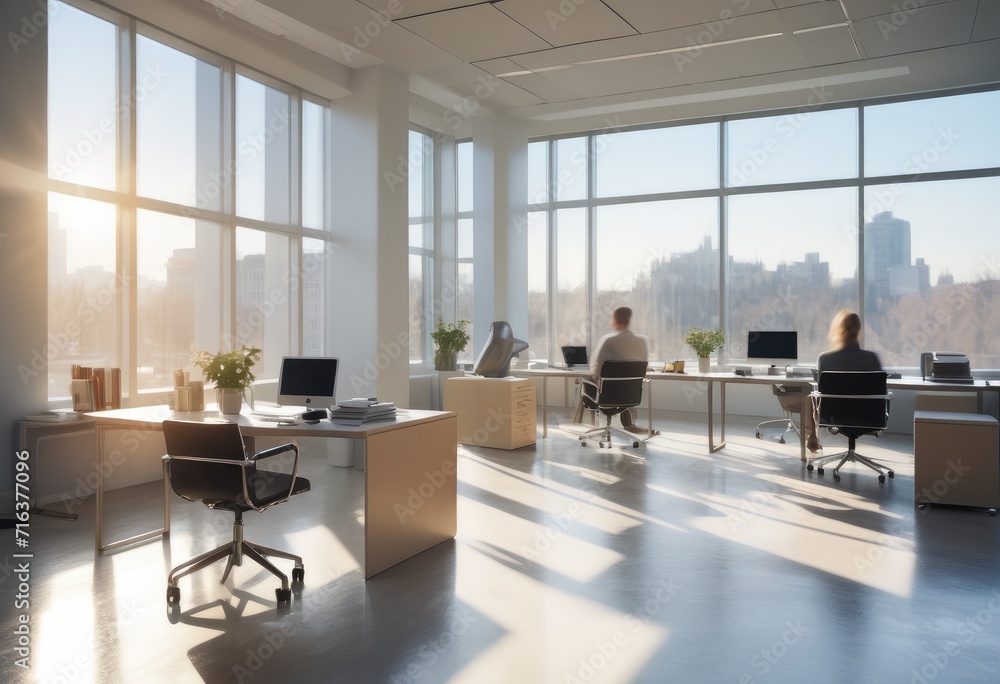 Fototapeta premium impressionistic take on a bright, airy office with wall-to-wall windows, depicted in a soft blur.