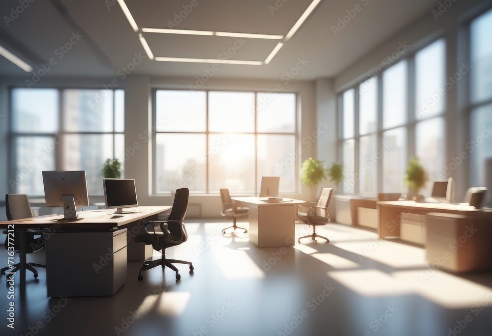 abstract interpretation of a light-filled office with large windows, rendered with a beautiful blur