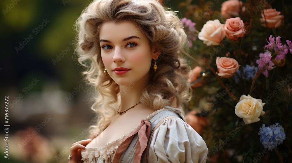European woman in a dress and hairstyle in the style of the 18th century in an English garden European woman in a dress and hairstyle in the style of the 18th century in an English garden