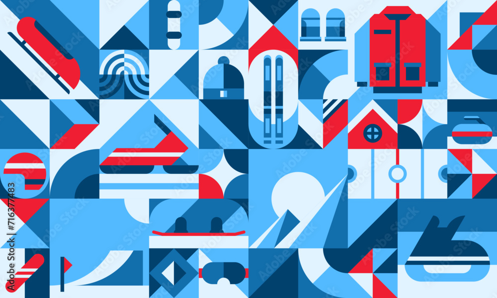 Winter sport geometric pattern background with ski, ice skates and snowboard, abstract vector. Modern or retro pattern with mosaic shapes, blue red colors of winter sports elements Winter sport geometric pattern background with ski, ice skates and snowboard, abstract vector. Modern or retro pattern with mosaic shapes, blue red colors of winter sports elements