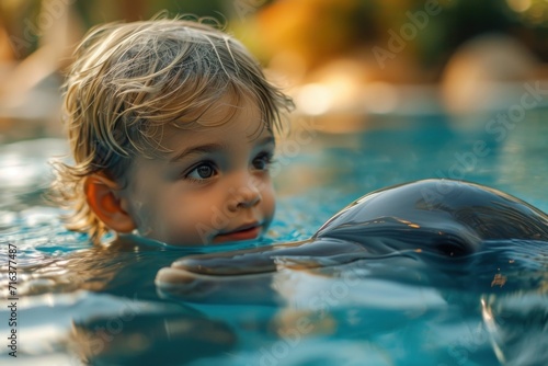 Young Child Boy Engaging With a Dolphin in Clear Waters During a Sunny Day